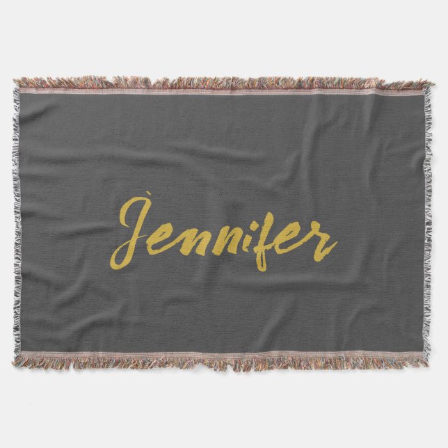 Modern Minimalist Plain Calligraphy Name Grey Gold Throw Blanket (Front)