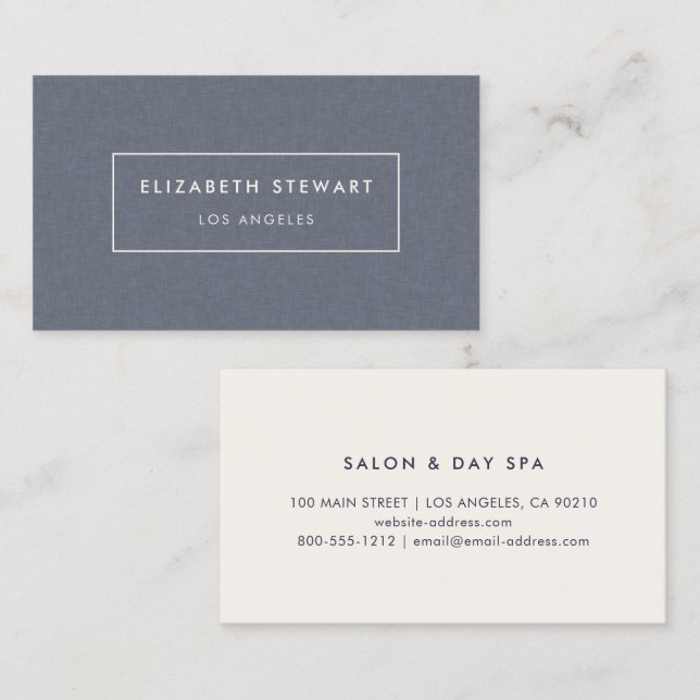 Modern Minimalist Professional Blue Linen Ivory Business Card (Front/Back)