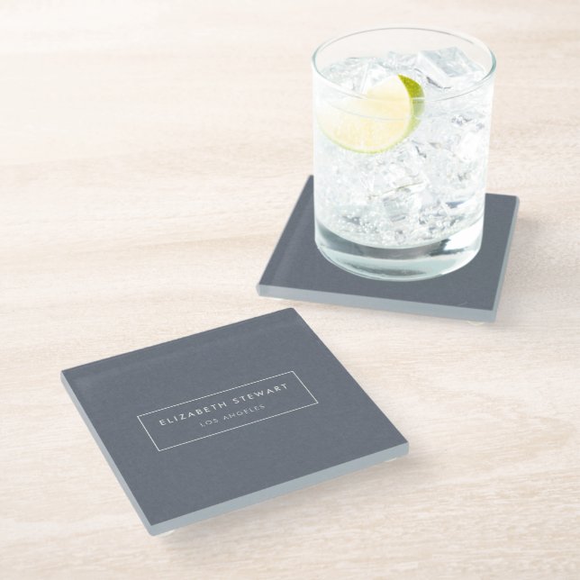 Modern Minimalist Professional Blue Linen Ivory Glass Coaster (Angled)