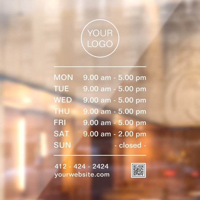 Modern Minimalist Professional Logo Opening Times Window Cling (Simple, modern professional opening times window cling with your logo, QR code and phone number.)