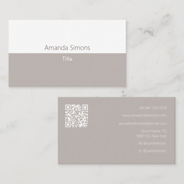 Modern Minimalist Professional QR Code Light Beige Business Card (Front/Back)