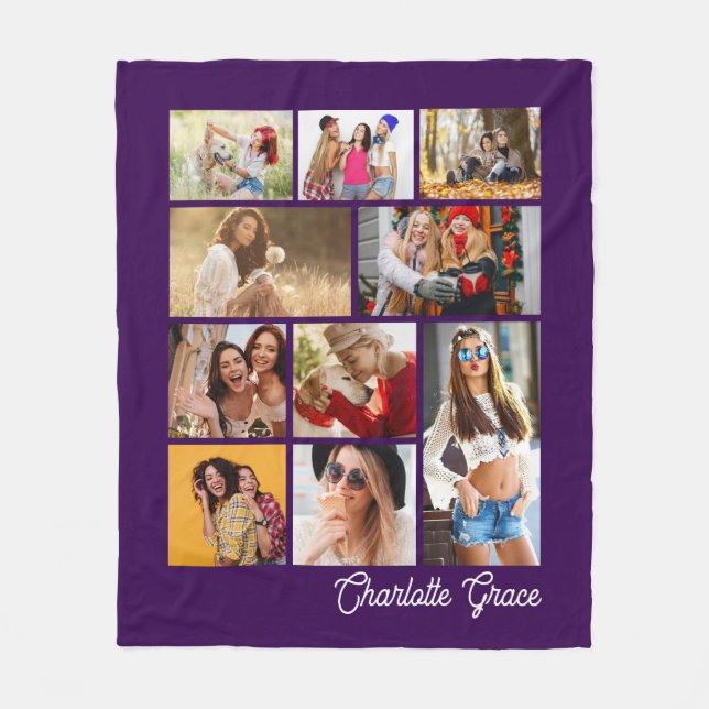 Modern Minimalist Purple 10 Photo Collage Name Fleece Blanket (Front)