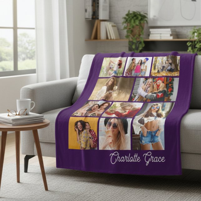Modern Minimalist Purple 10 Photo Collage Name Fleece Blanket (Creator Uploaded)