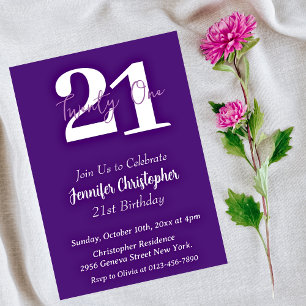 Modern Minimalist Purple 21st birthday invitations