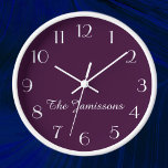 Modern Minimalist Purple and White Name Wall Clock<br><div class="desc">CHOOSE YOUR OWN BACKGROUND COLOR to decorate this personalised wood framed wall clock. Default is purple. You can easily change the text and background colour - or keep my modern minimalist aubergine and white design. What a unique gift for an engagement, wedding, bridal shower, or new home. Fits well in...</div>