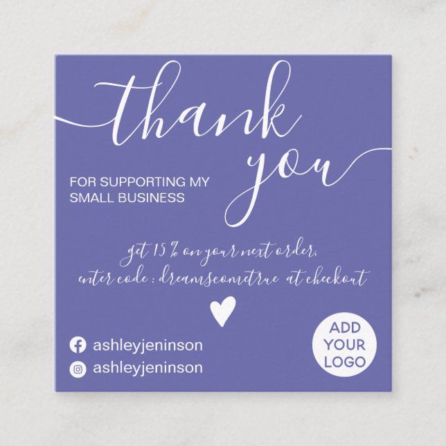 Modern minimalist purple blue order thank you square business card (Front)