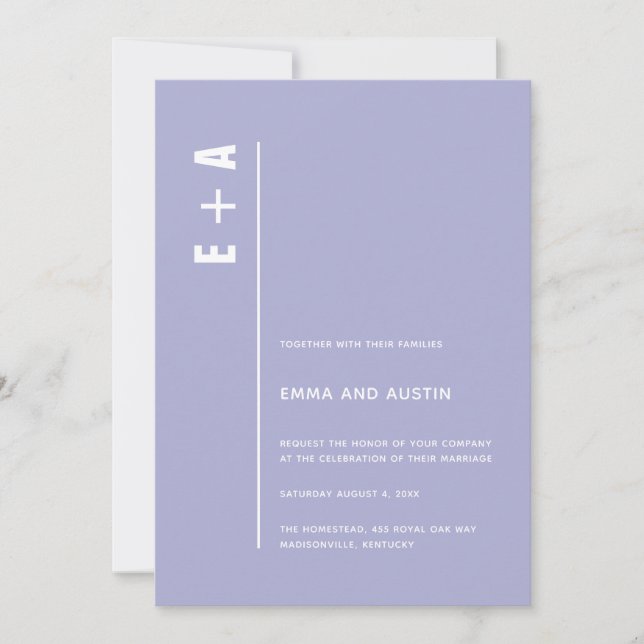 Modern Minimalist Purple Bold Initials Wedding  Invitation (Front)