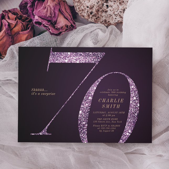 Modern minimalist purple glitter 70th birthday invitation (Modern minimalist purple glitter 70th birthday invitation)