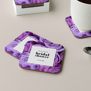 Modern Minimalist Purple Roses Bridal Shower Square Paper Coaster