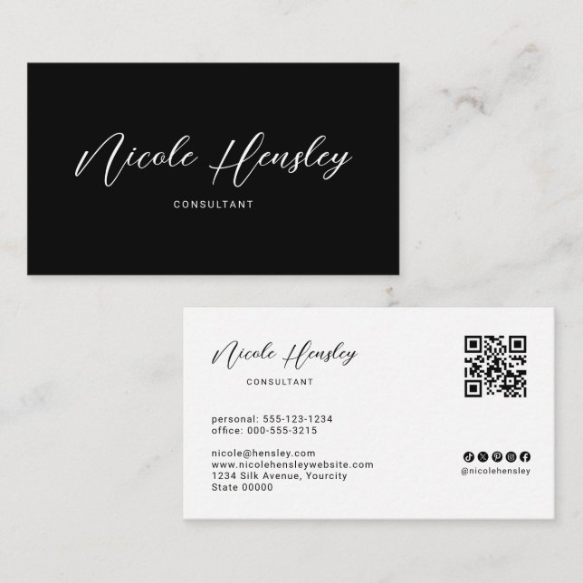 Modern Minimalist QR Code Chic Black & White Business Card (Front/Back)