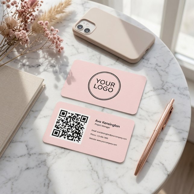 Modern Minimalist QR Code Custom Logo Pink Business Card (Creator Uploaded)