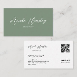 Modern Minimalist QR Code Sage Green Business Card
