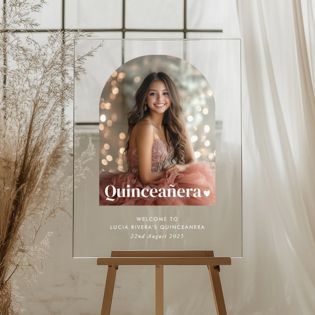 Modern Minimalist Quinceañera Arched Photo  Acrylic Sign (Zazzle Modern Minimalist Quinceañera Arched Photo  Acrylic Sign)