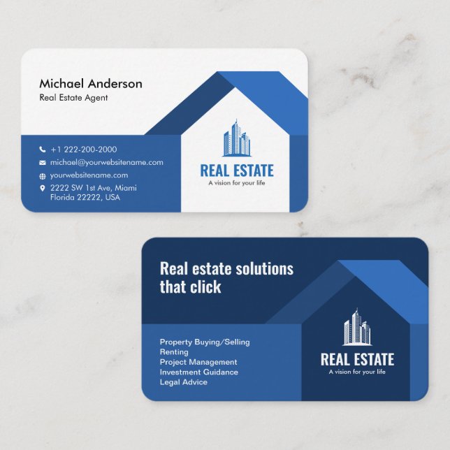 Modern Minimalist Real Estate Blue Business Card (Front/Back)