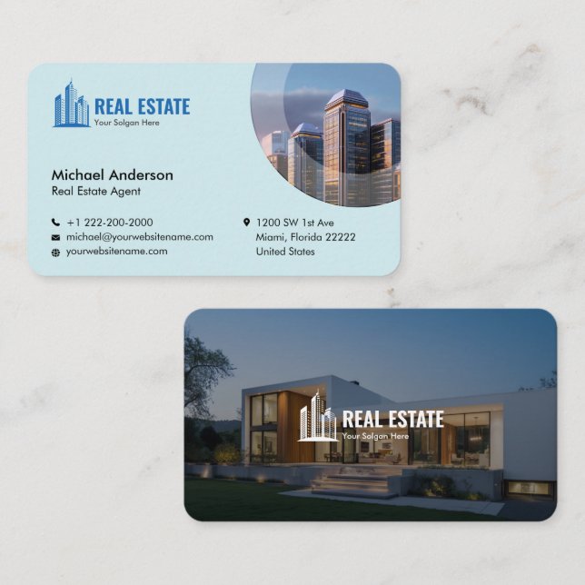 Modern Minimalist Real Estate Photo Light Blue Business Card (Front/Back)