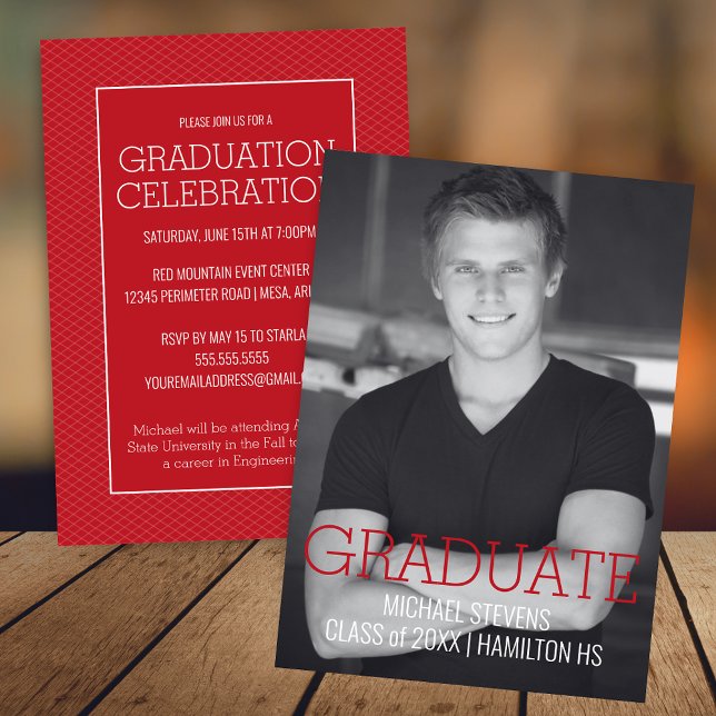 Modern Minimalist Red Art Deco Graduatation Announcement (Modern Red and White Graduation Announcement Invitation for College and High School Graduate)