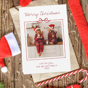 Modern Minimalist Red Bow Merry Christmas photo Holiday Card