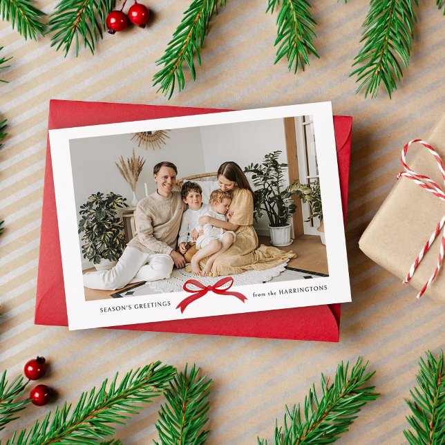 Modern Minimalist Red Bow Photo Holiday Card (Creator Uploaded)
