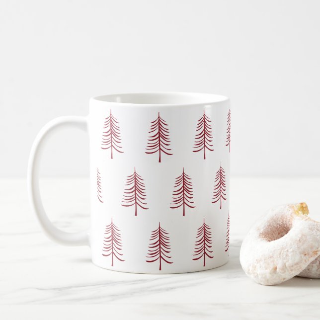 Modern Minimalist Red Christmas Tree Pattern Coffee Mug (With Donut)