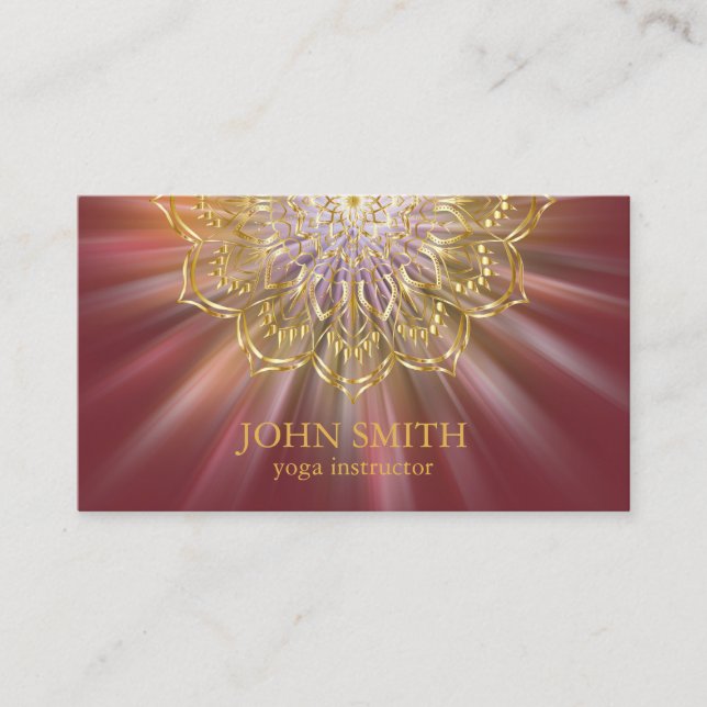 Modern Minimalist Red Gold Lotus Yoga Instructor B Business Card (Front)