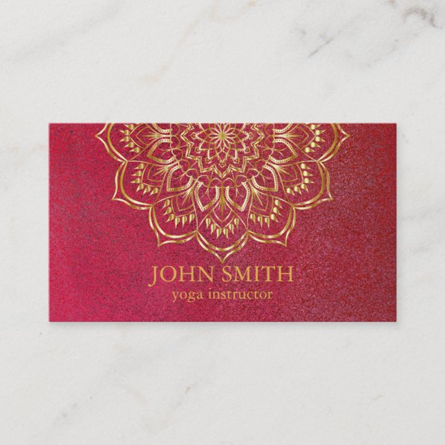 Modern Minimalist Red Gold Lotus Yoga Instructor Business Card (Front)