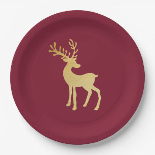 Modern Minimalist Red & Golden Reindeer Christmas  Paper Plate
