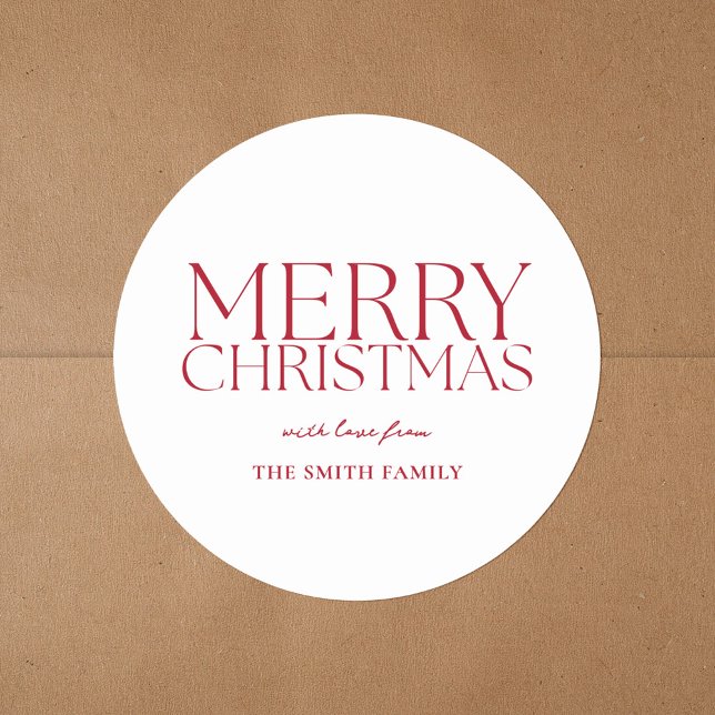 Modern Minimalist Red Merry Christmas Classic Round Sticker (Creator Uploaded)