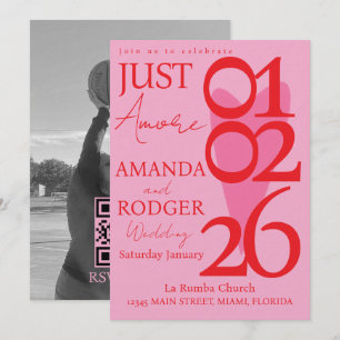 Modern Minimalist Red Pink Heart Photo Wedding Invitation