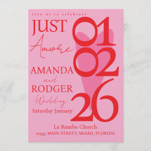 Modern Minimalist Red Pink Heart Wedding Invitation