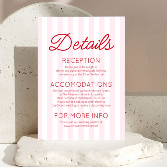 Modern Minimalist Red Pink Stripes Wedding Details Enclosure Card (Creator Uploaded)
