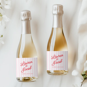 Modern Minimalist Red Pink Stripes Wedding Mini Sparkling Wine Label