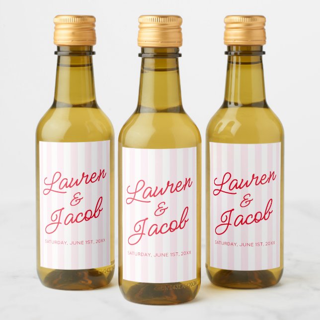 Modern Minimalist Red Pink Stripes Wedding Mini Wine Label (Bottles)