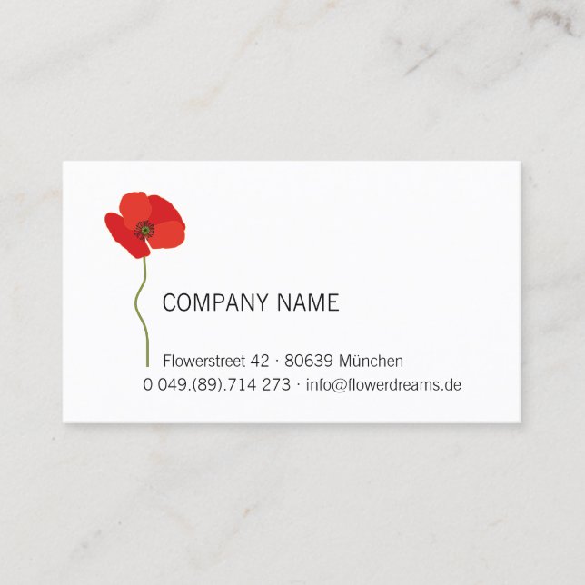Modern Minimalist Red Poppy Floral. Business Card (Front)