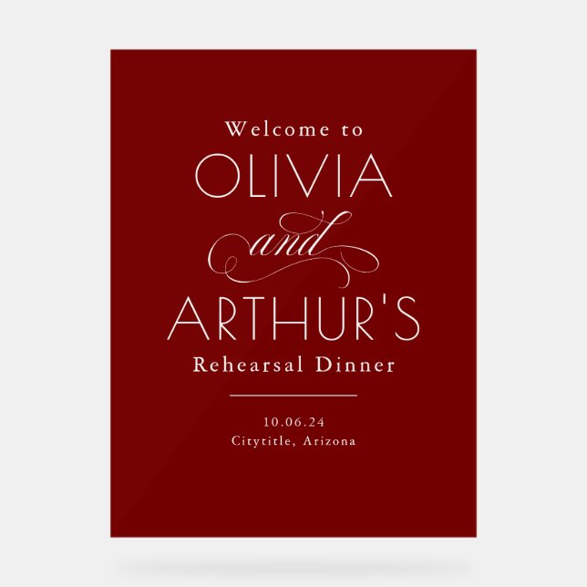 Modern Minimalist Red Rehearsal Dinner Welcome Acrylic Sign (Front)