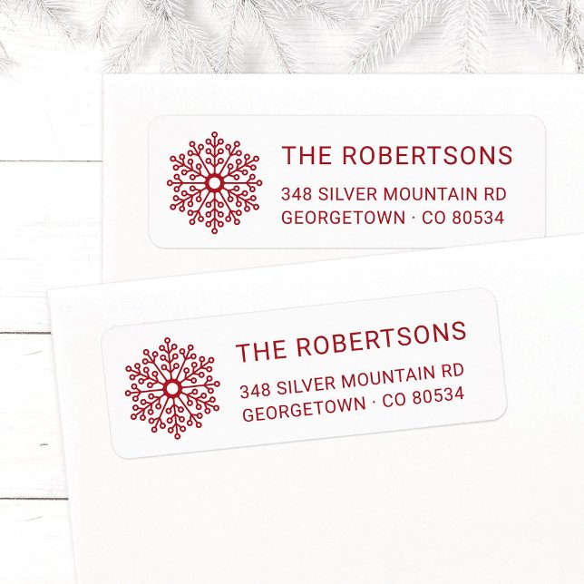 Modern Minimalist Red Snowflake Return Address (Modern, elegant Snowflake Christmas return address labels in red and white with family name.)