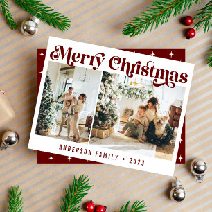 Modern Minimalist Retro Christmas Two Photo Maroon Holiday Card