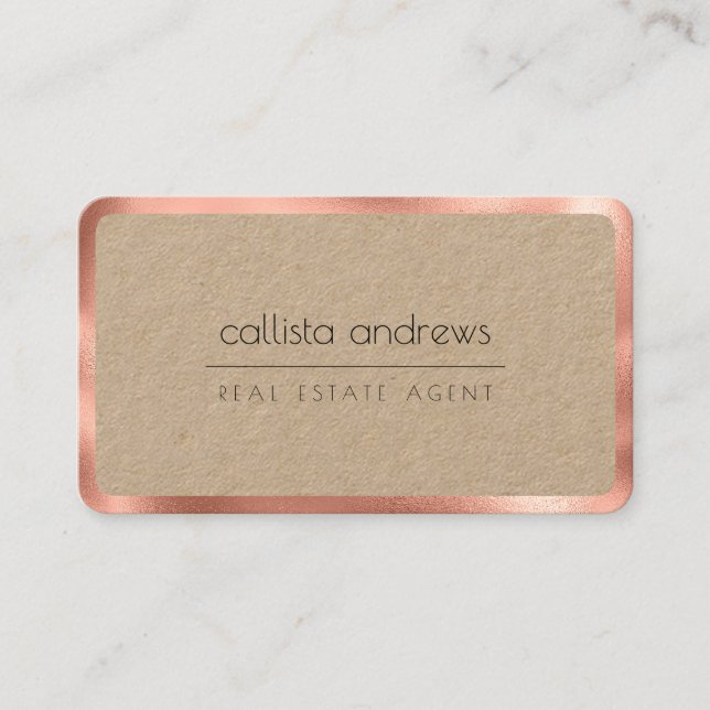 Modern Minimalist Rose Gold Border Kraft Paper Business Card (Front)