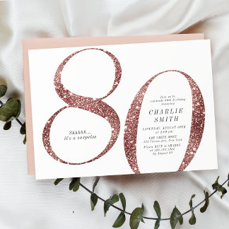 Modern minimalist rose gold glitter 80th birthday invitation