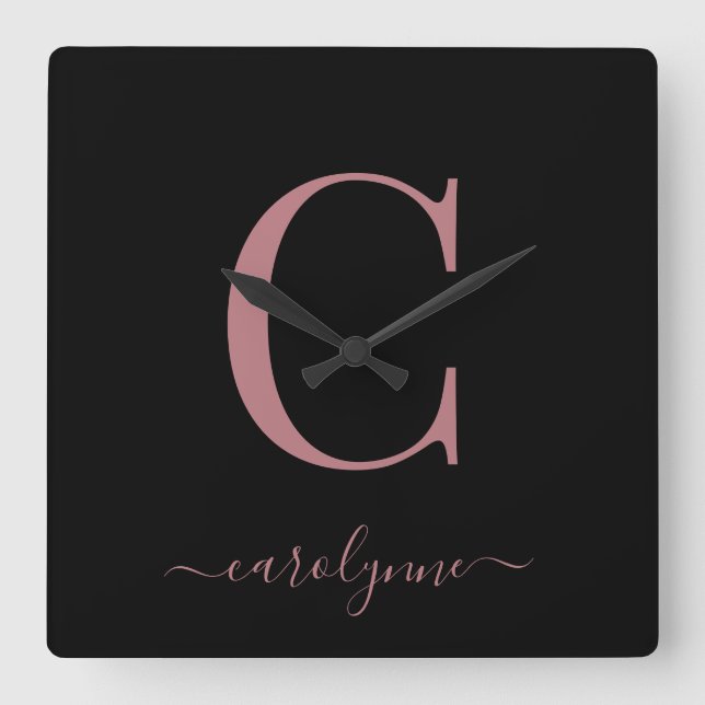 Modern Minimalist Rose Gold Monogram Script Name Square Wall Clock (Front)