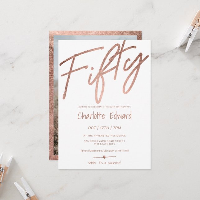 Modern minimalist rose gold photo surprise fifty invitation (Front/Back In Situ)