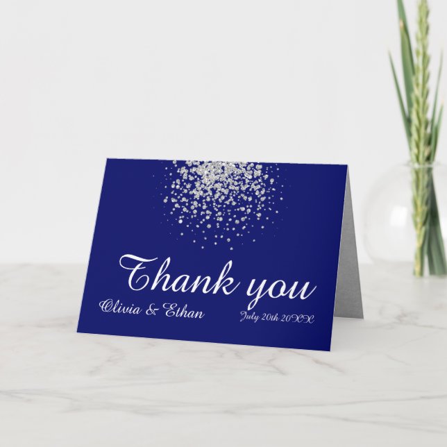 Modern Minimalist Royal Blue and Silver Glitter Thank You Card (Front)