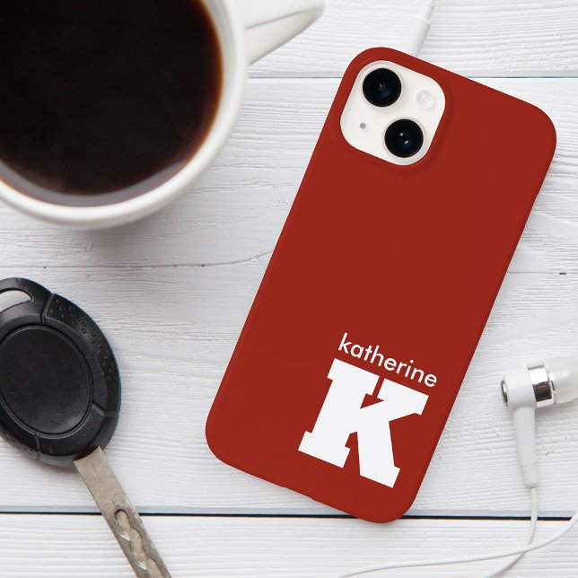 Modern Minimalist Ruby Red Monogram Name Initial iPhone Case (Creator Uploaded)