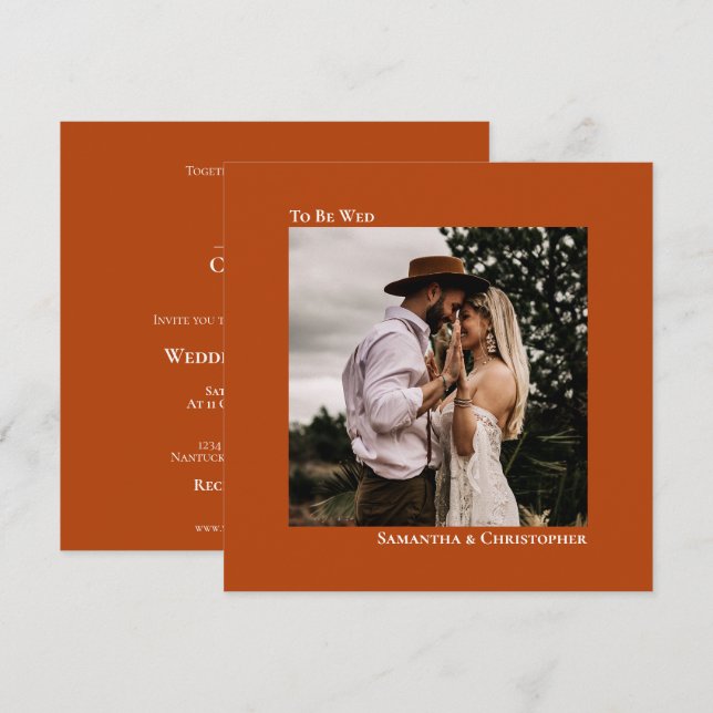 Modern Minimalist Rust Orange Square Photo Wedding Invitation (Front/Back)