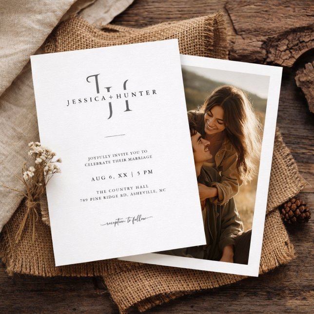 Modern Minimalist Rustic Monogram Photo Wedding Invitation (Creator Uploaded)