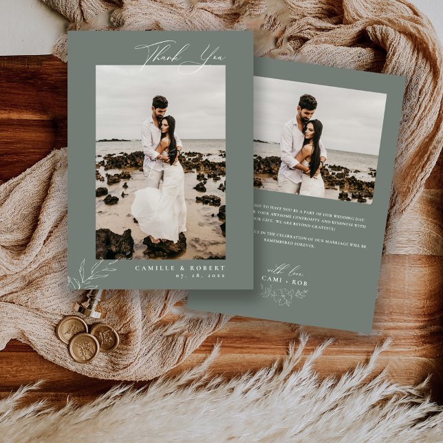 Modern Minimalist Sage Calligraphy Photo Wedding Thank You Card (Creator Uploaded)