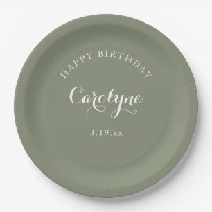 Modern Minimalist Sage Green Birthday  Paper Plate
