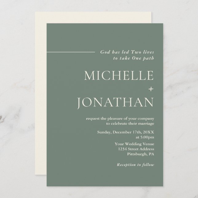 Modern Minimalist Sage Green Christian Wedding Invitation (Front/Back)