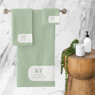 Modern Minimalist Sage Green Initials Monogram Bath Towel Set