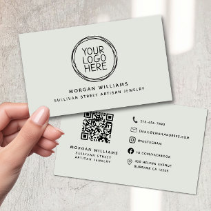 Modern Minimalist Sage Green Logo QR Code Business Card