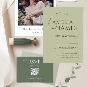 Modern Minimalist sage green photo Wedding Invitation